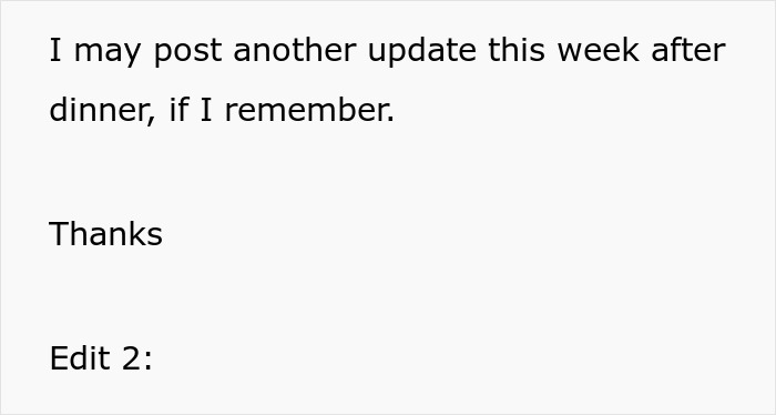 Text reading an update may be posted this week after dinner, with thanks given. Text reading an update may be posted this week after dinner, with thanks given.