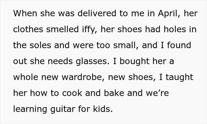 Text about caring for a child with new clothes, shoes, and lessons after a woman left her daughter for babysitting. Text about caring for a child with new clothes, shoes, and lessons after a woman left her daughter for babysitting.