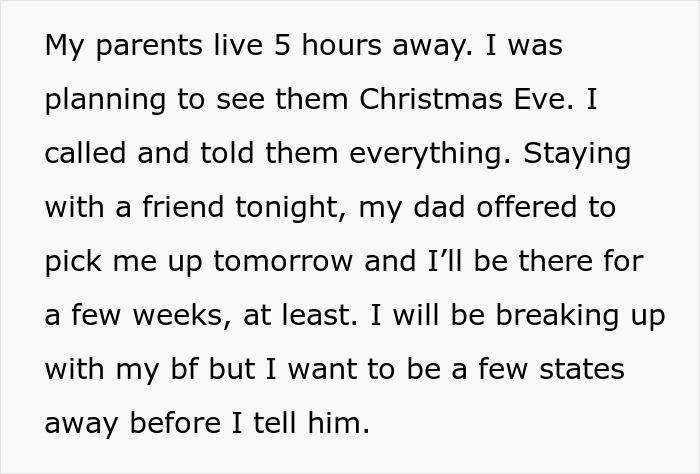 Text message about staying with a friend, planning to visit parents, and considering breaking up with boyfriend.