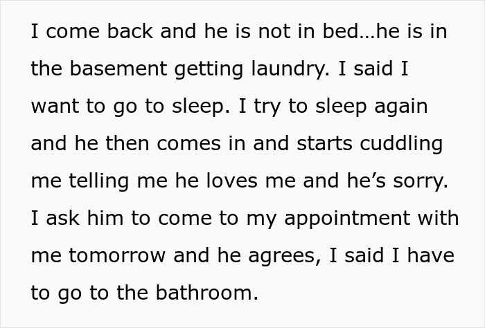 Text excerpt describing a girlfriend deprived of proper sleep by boyfriend, showing emotional strain and consideration of staying in a hotel.