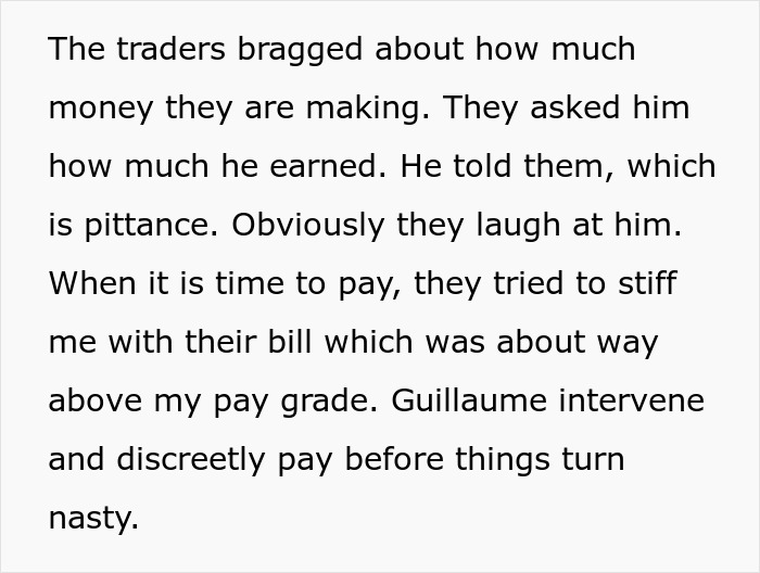 Traders' arrogance exposed as coworker's friend intervenes to settle unexpected bill. Traders' arrogance exposed as coworker's friend intervenes to settle unexpected bill.