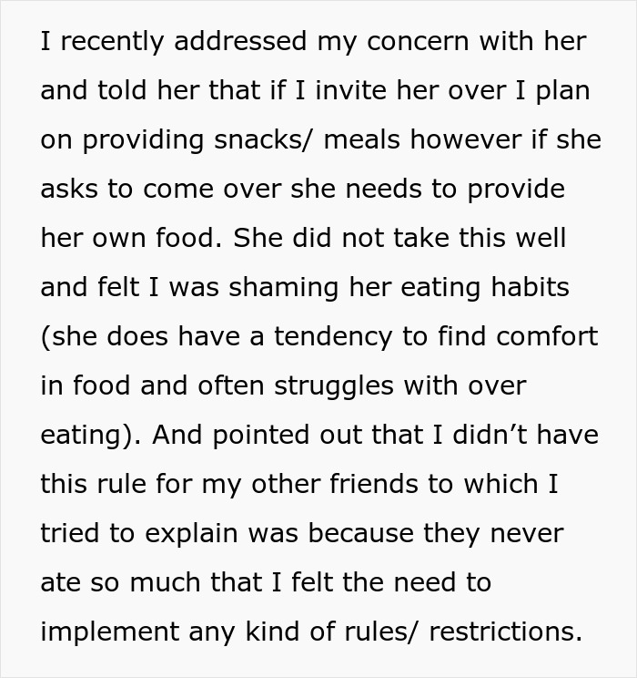 Text describing a woman confronting a friend over $60 grocery consumption concerns. Text describing a woman confronting a friend over $60 grocery consumption concerns.
