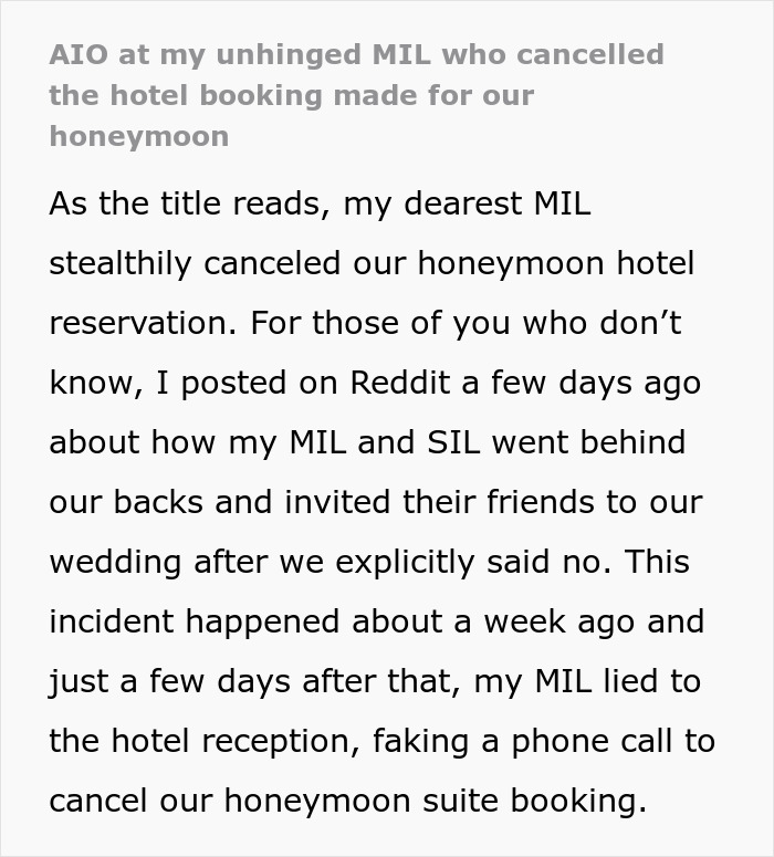 Text about MIL secretly canceling a couple's honeymoon hotel booking as a prank. Text about MIL secretly canceling a couple's honeymoon hotel booking as a prank.
