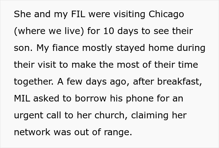 Text on image about a MIL visiting Chicago, borrowing son's phone for an urgent church call. Text on image about a MIL visiting Chicago, borrowing son's phone for an urgent church call.