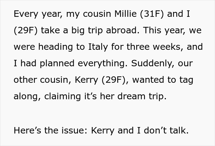 Text about cousins planning a trip to Italy; one cousin not invited to a wedding asks to join. Text about cousins planning a trip to Italy; one cousin not invited to a wedding asks to join.