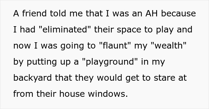 Text discussing a friend accusing a woman of flaunting wealth after buying a swing set for her kid. Text discussing a friend accusing a woman of flaunting wealth after buying a swing set for her kid.