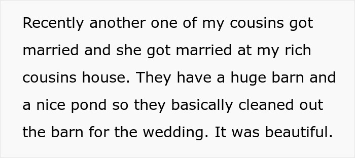 Text about cousin's wedding at wealthy cousin's barn and pond, highlighting a beautiful setting. Text about cousin's wedding at wealthy cousin's barn and pond, highlighting a beautiful setting.