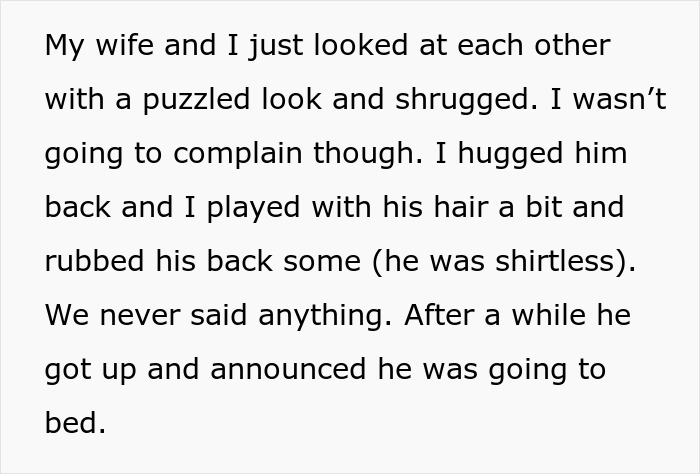 Text describing a teen boy wanting to snuggle with his dad, parents are puzzled but supportive. Text describing a teen boy wanting to snuggle with his dad, parents are puzzled but supportive.