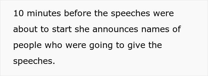 Text image about wedding speeches being announced, related to bride and anxiety pills incident. Text image about wedding speeches being announced, related to bride and anxiety pills incident.