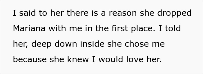 Text recounts a woman discussing why she was chosen to babysit a friend's daughter, Mariana, reflecting on love and trust. Text recounts a woman discussing why she was chosen to babysit a friend's daughter, Mariana, reflecting on love and trust.