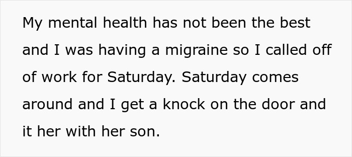 Text about babysitting miscommunication with mental health and migraines mentioned. Text about babysitting miscommunication with mental health and migraines mentioned.