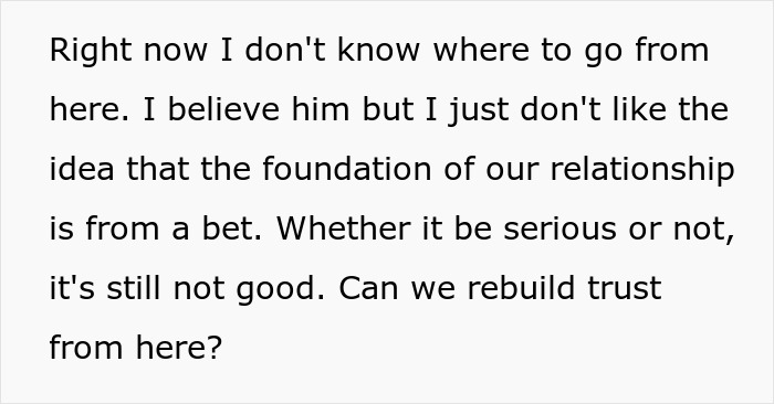 Text expressing concerns about a wedding bet on relationship trust. Text expressing concerns about a wedding bet on relationship trust.