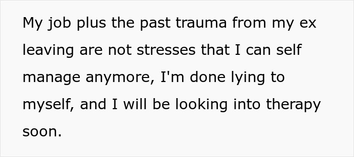 Text about stress and trauma due to work and past relationship breakup, expressing a need for therapy. Text about stress and trauma due to work and past relationship breakup, expressing a need for therapy.