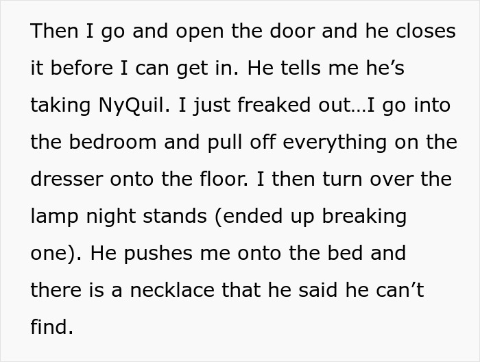 Text excerpt describing a woman’s distress after being deprived of proper sleep by her boyfriend for three weeks.