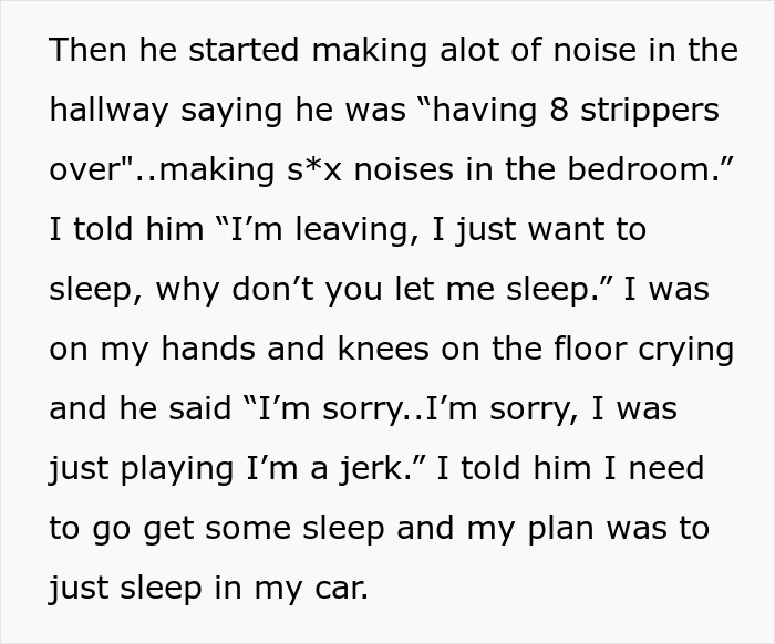 Text showing a distressed woman deprived of proper sleep by her boyfriend, describing emotional breakdown after weeks of noise.