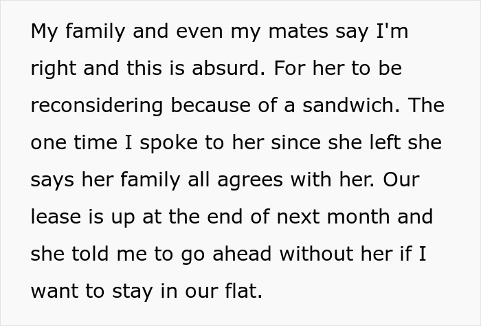 Text discussing a relationship issue over a sandwich, mentioning differing family opinions and housing decisions. Text discussing a relationship issue over a sandwich, mentioning differing family opinions and housing decisions.