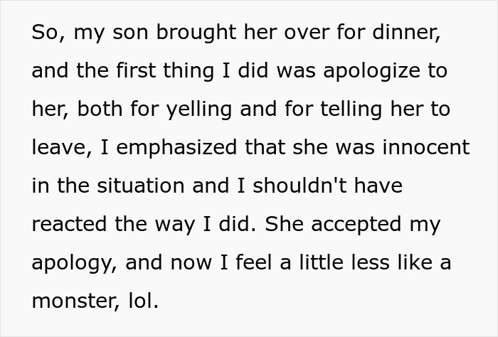 Text from a dad discussing an apology to his son's girlfriend over dinner after a past dispute. Text from a dad discussing an apology to his son's girlfriend over dinner after a past dispute.