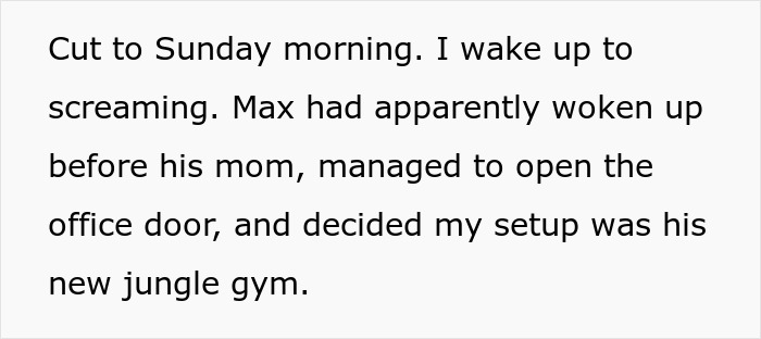 Text recounting woman hosting sister, nephew causing $2,000 damages; nephew plays on office setup. Text recounting woman hosting sister, nephew causing $2,000 damages; nephew plays on office setup.