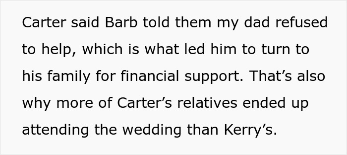 Text discussing financial support issues related to a wedding and family attendance dynamics. Text discussing financial support issues related to a wedding and family attendance dynamics.