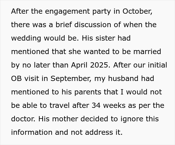 Text discussing wedding timing and travel limitations due to a mom-to-be's due date, ignored by husband's mother. Text discussing wedding timing and travel limitations due to a mom-to-be's due date, ignored by husband's mother.