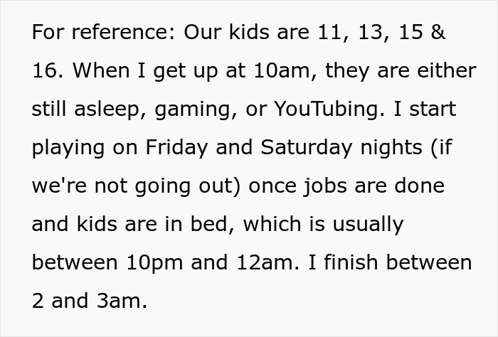 Text explaining a father's gaming schedule with his kids, discussing late-night gaming on weekends. Text explaining a father's gaming schedule with his kids, discussing late-night gaming on weekends.