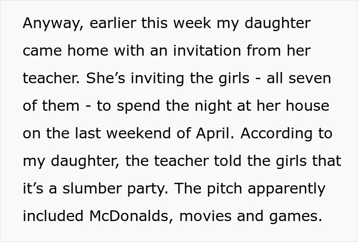 Invitation for sleepover from dance teacher to students, mentioning slumber party with McDonald's, movies, and games. Invitation for sleepover from dance teacher to students, mentioning slumber party with McDonald's, movies, and games.