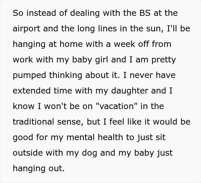 Text message about MIL stealing vacation spot, guy happy spending time at home with daughter and dog for mental health. Text message about MIL stealing vacation spot, guy happy spending time at home with daughter and dog for mental health.