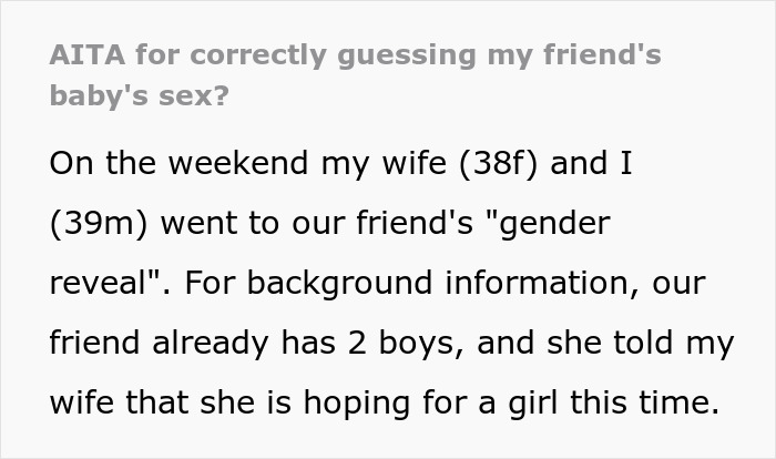 Text excerpt about a guy using statistics to predict a pregnant friend's baby sex, causing his wife to be upset.