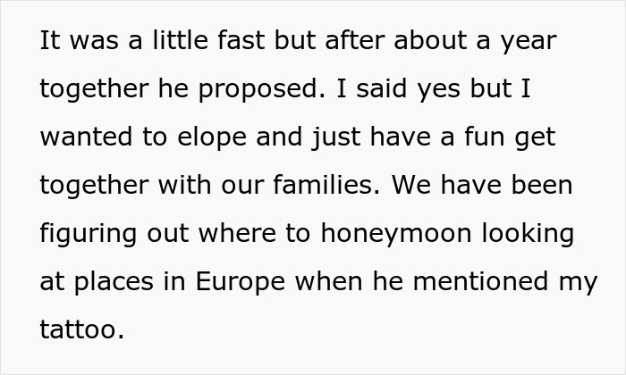 Text excerpt discussing a proposal, elopement plans, and a tattoo from a late husband. Text excerpt discussing a proposal, elopement plans, and a tattoo from a late husband.