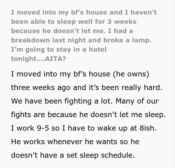 Text excerpt about GF deprived of proper sleep by BF for three weeks, considering staying in a hotel.