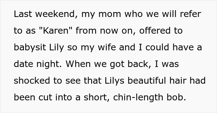 Text recounting how Lily's hair was cut by MIL without permission during babysitting. Text recounting how Lily's hair was cut by MIL without permission during babysitting.