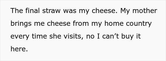 Text about cheese frustration due to a roommate, mentioning a mother bringing cheese from home. Text about cheese frustration due to a roommate, mentioning a mother bringing cheese from home.