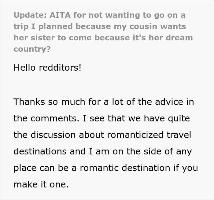 Text post discussing a trip conflict with a cousin over wedding invitation and dream travel destination. Text post discussing a trip conflict with a cousin over wedding invitation and dream travel destination.