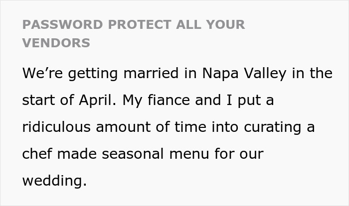 Password protect advice for vendors, with a couple discussing their carefully curated wedding menu for Napa Valley. Password protect advice for vendors, with a couple discussing their carefully curated wedding menu for Napa Valley.