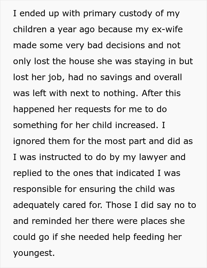 Text discussing a dad's refusal to support his ex's child from an affair, despite her bad decisions and financial struggles. Text discussing a dad's refusal to support his ex's child from an affair, despite her bad decisions and financial struggles.