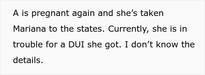 Text discussing pregnancy, relocation to the states, and DUI issues. Text discussing pregnancy, relocation to the states, and DUI issues.