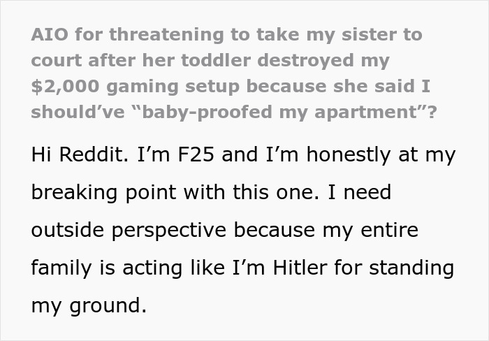 Text describing family drama over $2,000 damages caused by a toddler. Text describing family drama over $2,000 damages caused by a toddler.