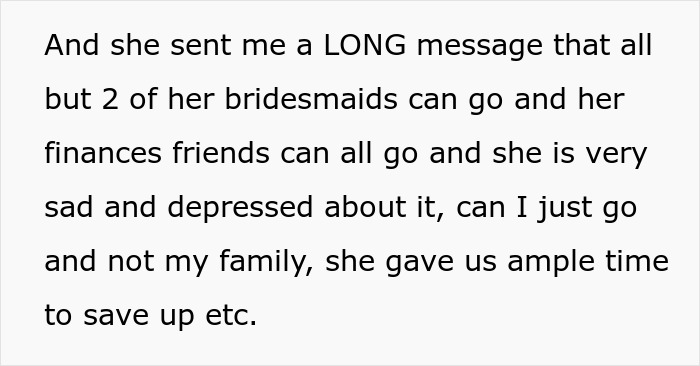 Text message discussing a woman choosing an affordable getaway with husband over attending friend’s expensive wedding.