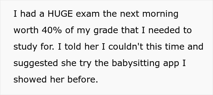 Text explaining a person unable to babysit sister's kids due to exam and suggesting a babysitting app instead.