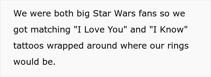 Text discussing matching Star Wars tattoos, "I Love You" and "I Know," symbolizing a past relationship. Text discussing matching Star Wars tattoos, "I Love You" and "I Know," symbolizing a past relationship.