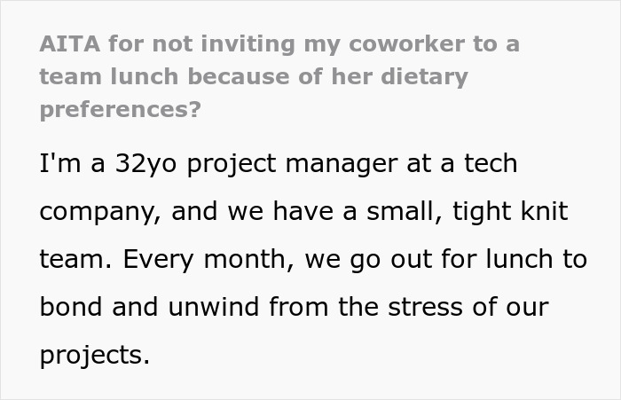 Project manager questions excluding coworker from team lunch over diet. Project manager questions excluding coworker from team lunch over diet.