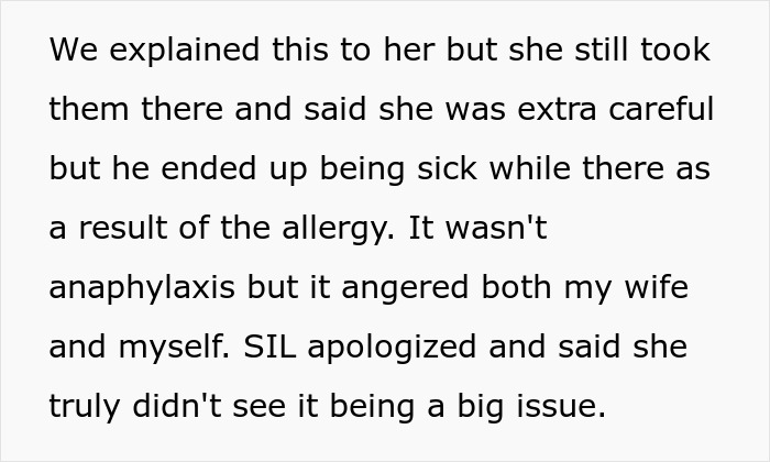 Text image discussing ongoing issues with SIL disregarding a child's allergies, leading to his sickness and parental frustration. Text image discussing ongoing issues with SIL disregarding a child's allergies, leading to his sickness and parental frustration.