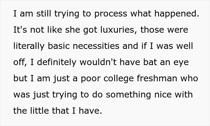 Text about accidental charity event sparked by a college freshman's good deed, emphasizing basic necessities and kindness. Text about accidental charity event sparked by a college freshman's good deed, emphasizing basic necessities and kindness.