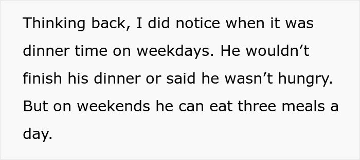 Text discussing a guy's odd eating habits on weekdays versus weekends. Text discussing a guy's odd eating habits on weekdays versus weekends.
