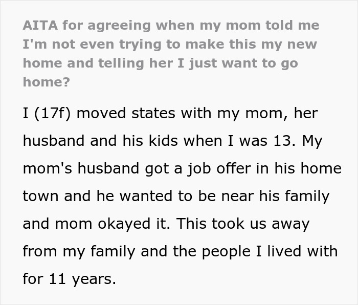 Teen upset after moving to stepdad's hometown for better life, plans to leave. Teen upset after moving to stepdad's hometown for better life, plans to leave.