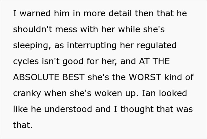 Text image excerpt discussing a woman's response to being disturbed during sleep. Text image excerpt discussing a woman's response to being disturbed during sleep.