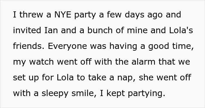 Text describing a New Year's Eve party with friends, involving girlfriend Lola taking a nap. Text describing a New Year's Eve party with friends, involving girlfriend Lola taking a nap.