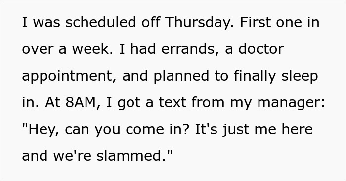 Text message from boss asking employee to work on day off due to team being busy. Text message from boss asking employee to work on day off due to team being busy.