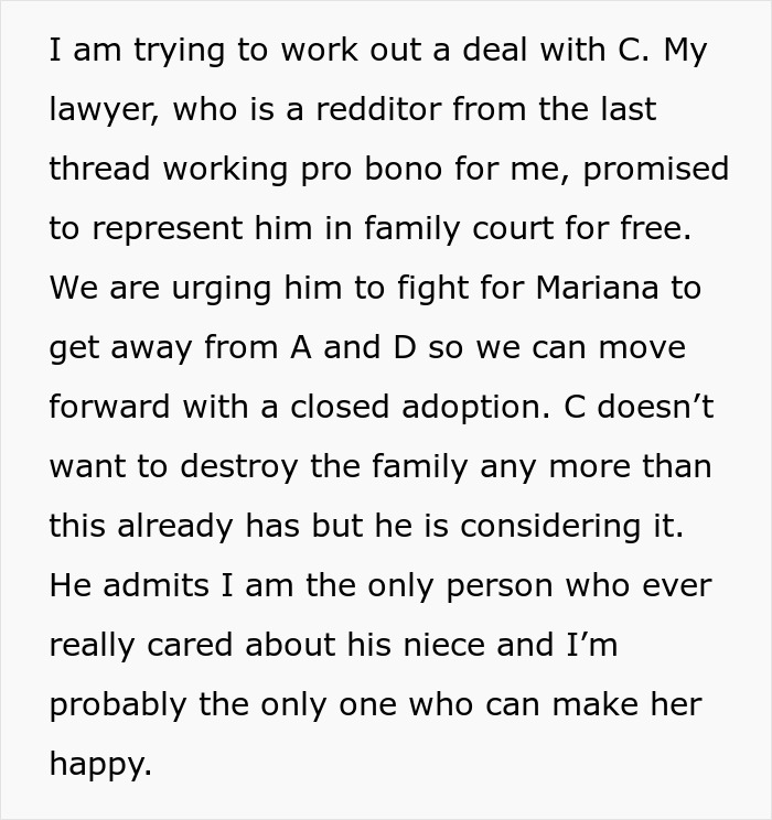Text discussing a legal deal for Mariana's adoption involving friends and family court representation. Text discussing a legal deal for Mariana's adoption involving friends and family court representation.