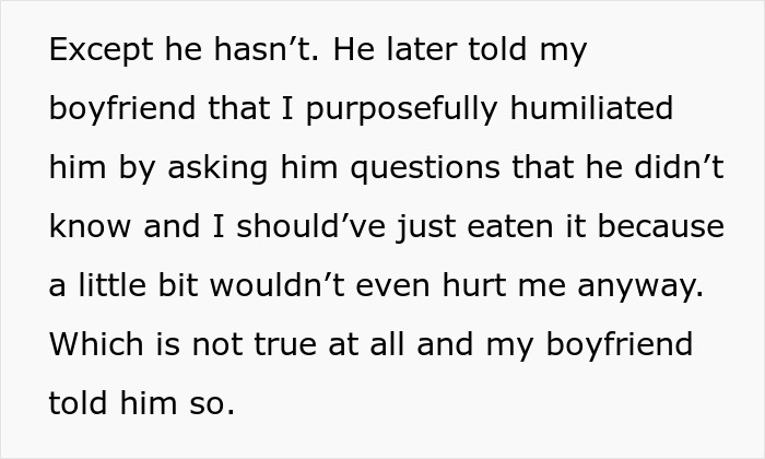 Text from a story about a friend upset over a gluten-free meal rejection. Text from a story about a friend upset over a gluten-free meal rejection.
